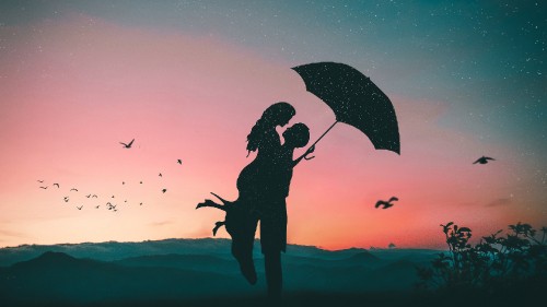 Image People in nature, umbrella, illustration, silhouette, Happy