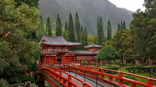 Image red wooden bridge over river