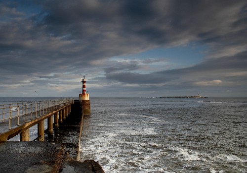 Image brown wooden dock on sea under gray clouds during daytime