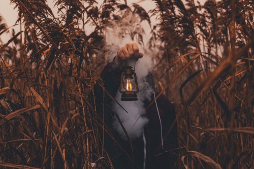 Image person in black jacket holding brown lantern