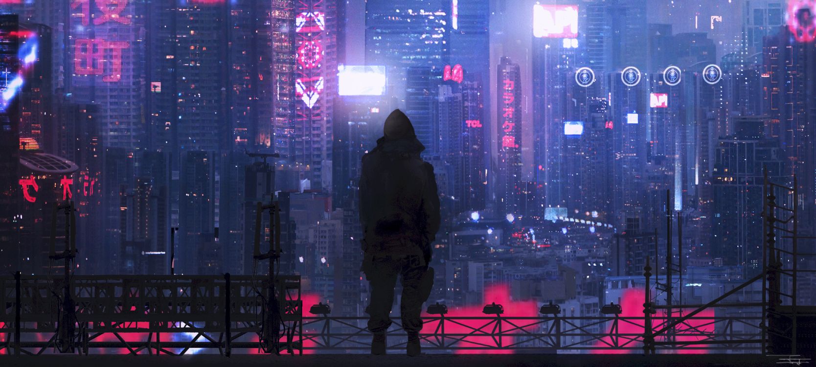 Man in Black Hoodie Standing on The Top of The Building During Night Time. Wallpaper in 7785x3500 Resolution