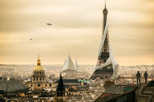 Image bird flying over the city during daytime