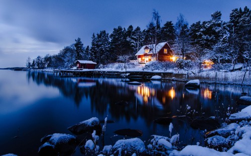 Image brown wooden house near lake surrounded by trees during night time