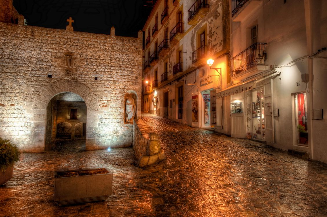 brown brick building with water fountain during night time