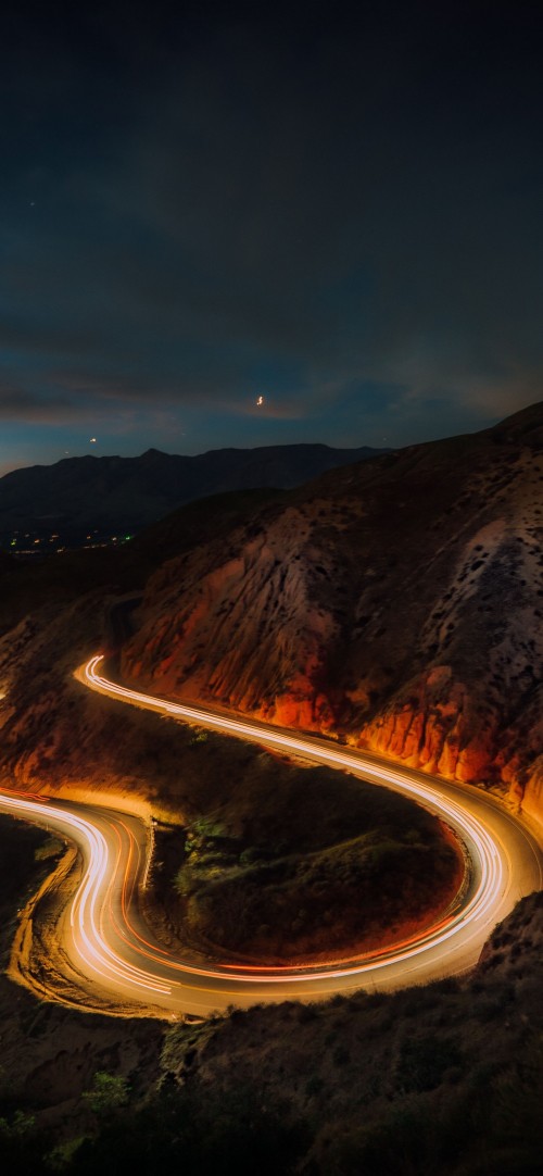 Image long exposure winding road, mountain, light, automotive lighting, highland