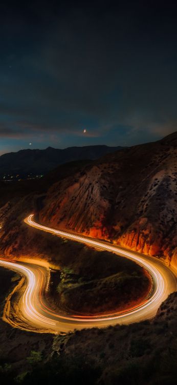 long exposure winding road, mountain, light, automotive lighting, highland