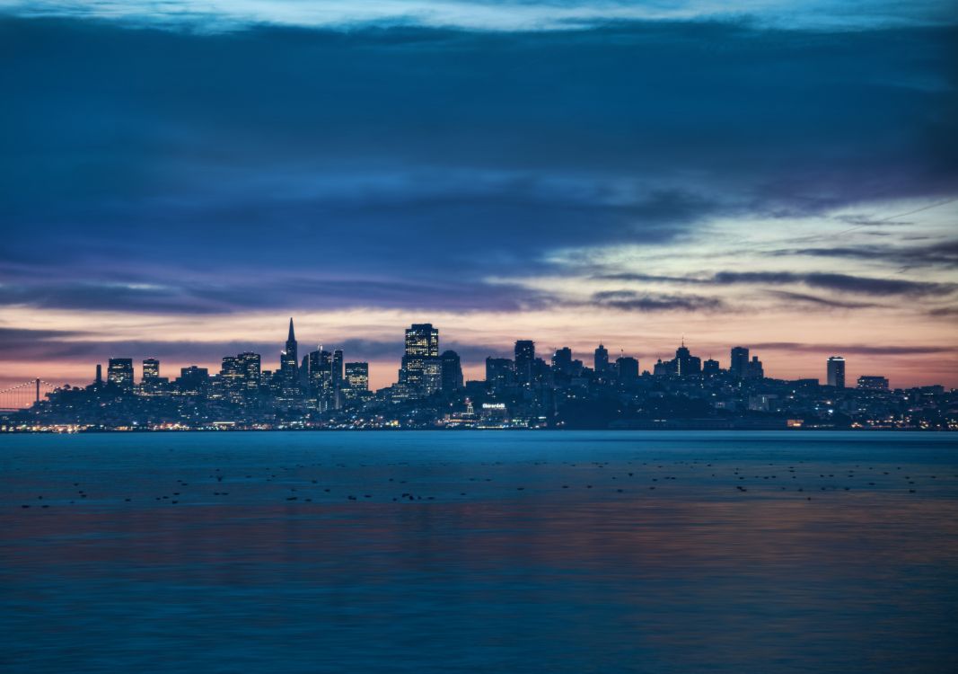 city skyline across body of water during night time