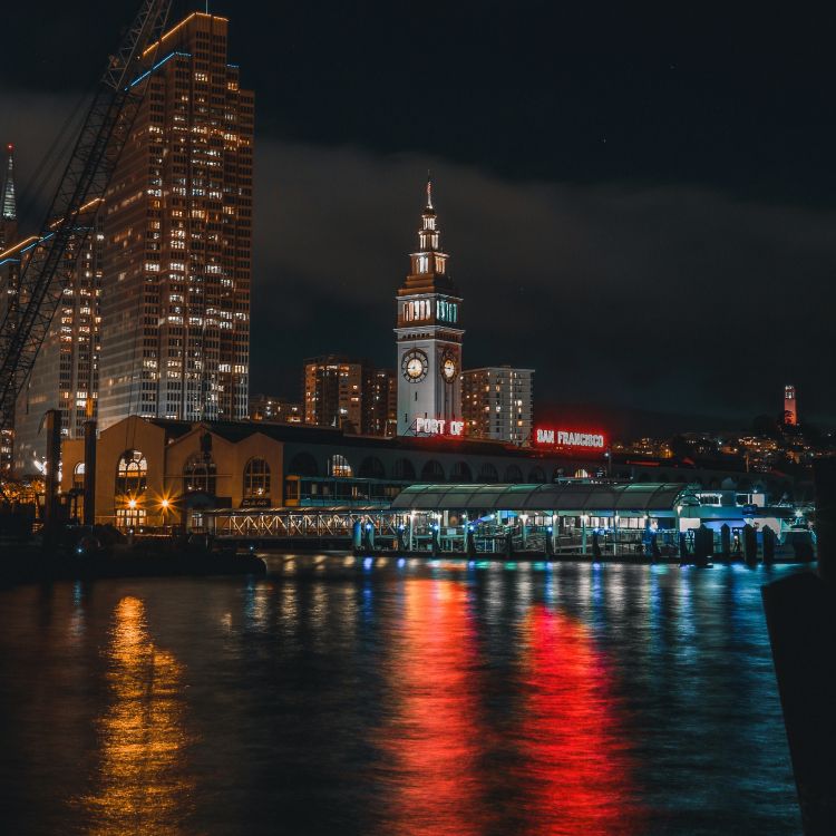 lighted city buildings near body of water during night time