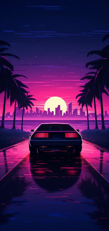 Synthwave, Malerei, Natur, Automotive Lighting, Architektur. Wallpaper in 1500x3166 Resolution