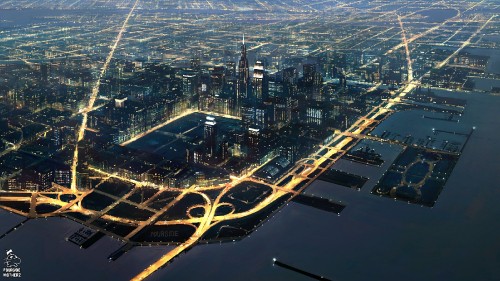 Image aerial view of city buildings during night time