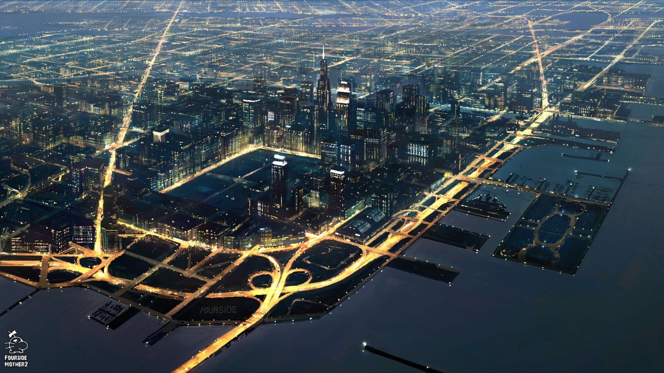 aerial view of city buildings during night time