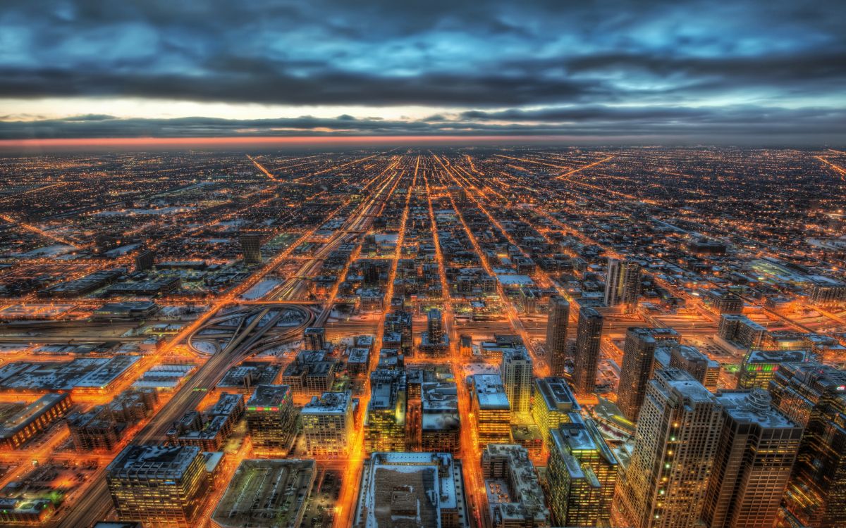 aerial view of city buildings during night time