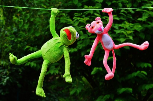 Image kermit and pink panther, Kermit the Frog, the pink panther, toy, grass