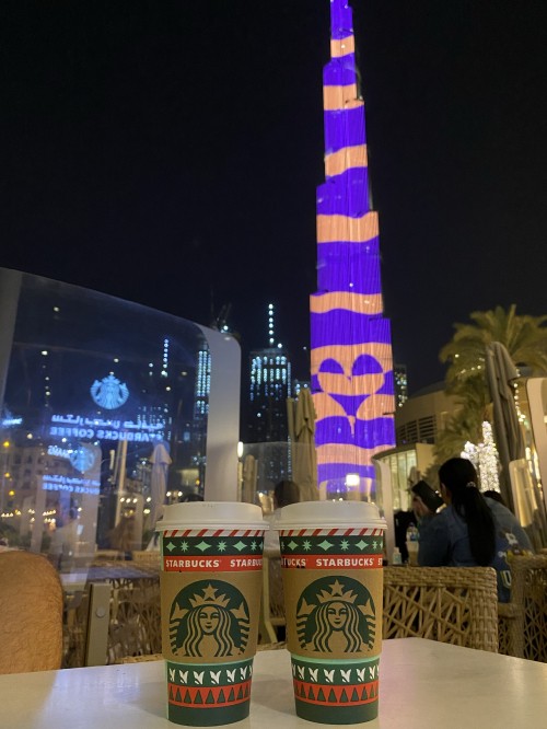 Image dubai, burj khalifa, starbucks new logo 2011, night, tower