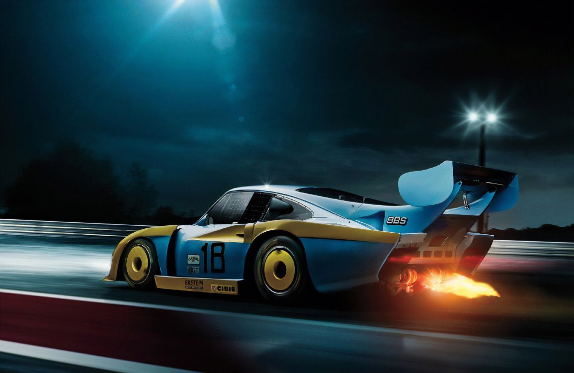 Porsche 911 Blanco y Azul en la Carretera Por la Noche. Wallpaper in 3840x2493 Resolution