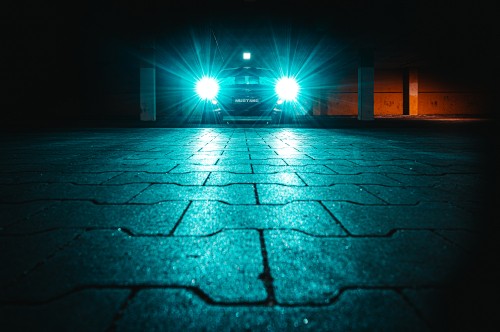 Image blue light on gray concrete floor