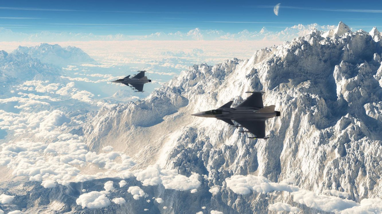 Avión de Combate Negro Sobrevolando Montañas Cubiertas de Nieve Durante el Día. Wallpaper in 3840x2160 Resolution