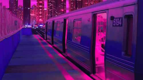 Image Train Neon Synthwave Buildings 5k