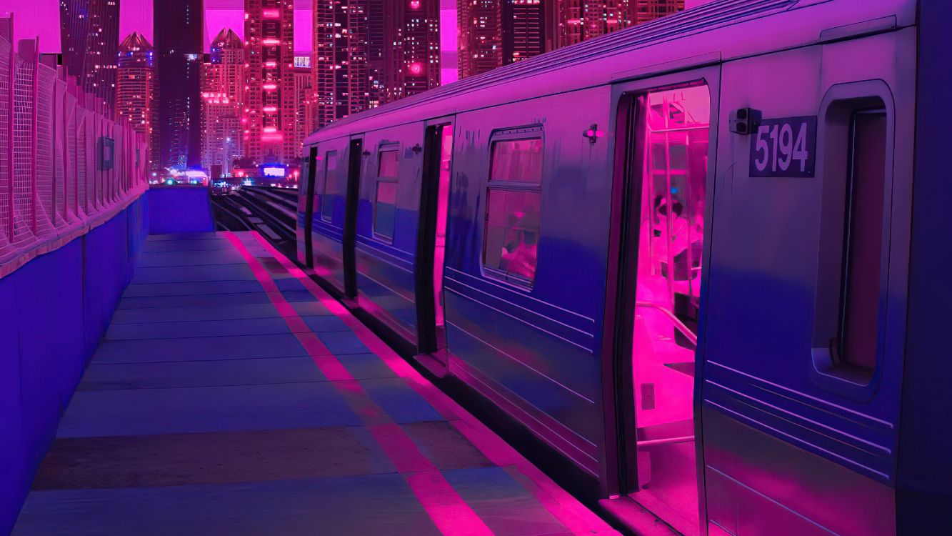 Train Neon Synthwave Buildings 5k 高清壁纸 抽象图片 桌面背景和图片