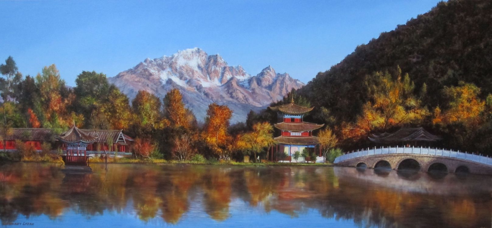 Braunes Und Weißes Haus in Der Nähe Von See Und Bäumen. Wallpaper in 3519x1632 Resolution