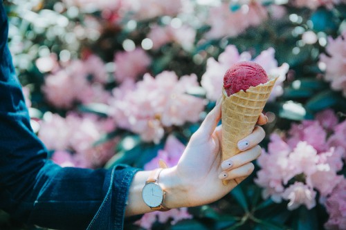 Image person holding ice cream cone with pink flower petals