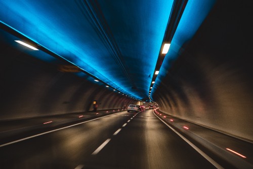 Image blue light in tunnel during night time