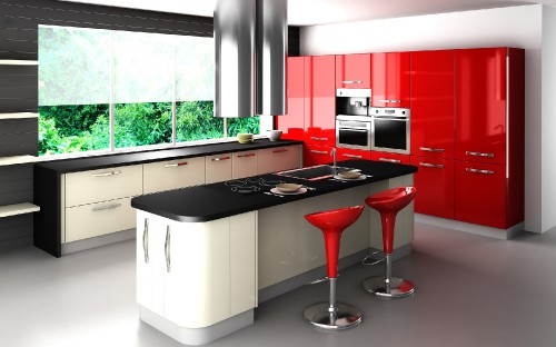 Image red and black bar seat near white and black kitchen counter