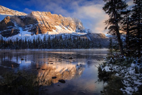 Image lake surrounded by trees and snow covered mountains