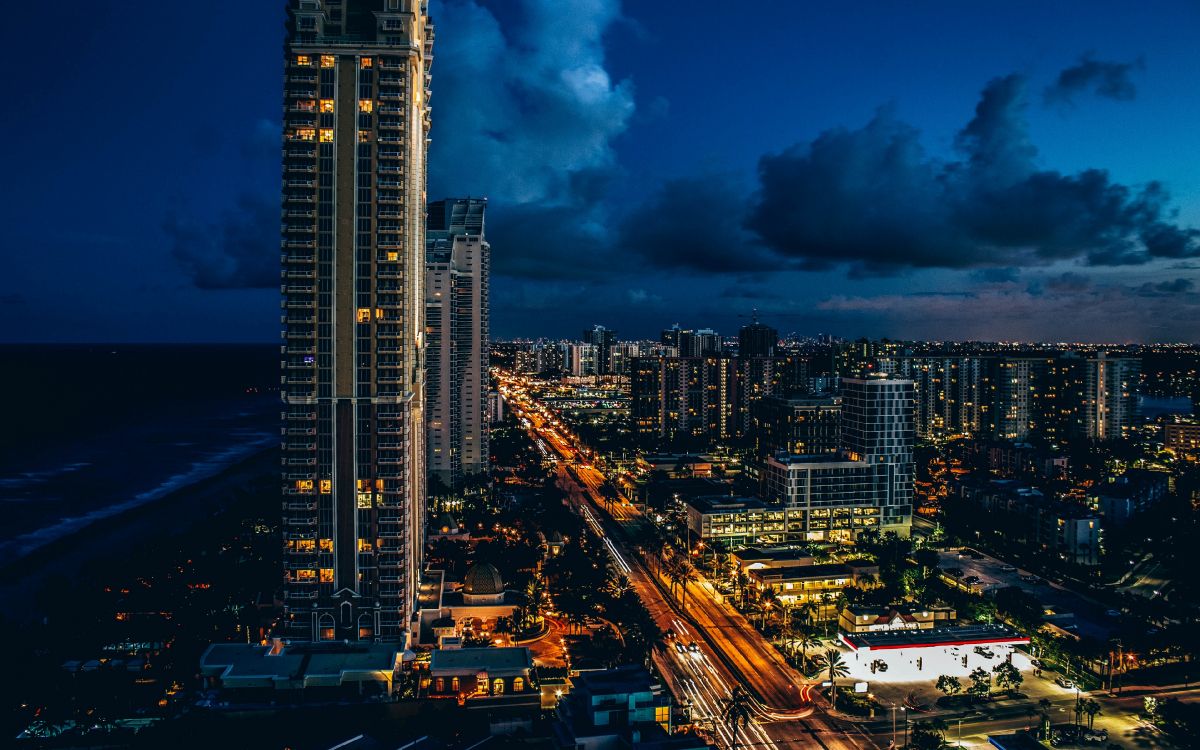 city skyline during night time