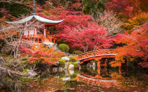 Image red and brown wooden bridge over river