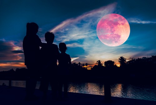 Image silhouette of people standing near body of water during night time