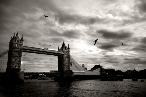 Image grayscale photo of bridge over body of water