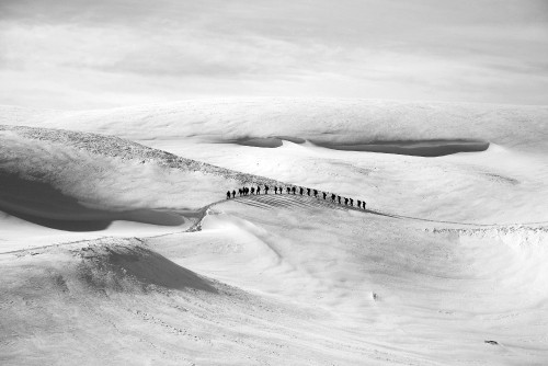 Image grayscale photo of snow covered mountain