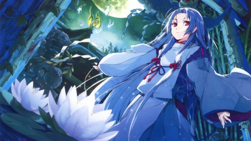 Image blue haired woman in blue and red kimono anime character