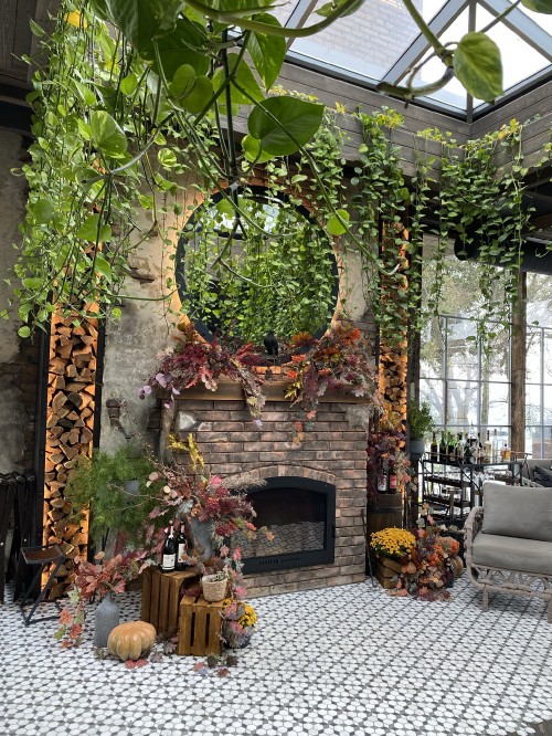 Image courtyard, patio, flowerpot, interior design, fireplace